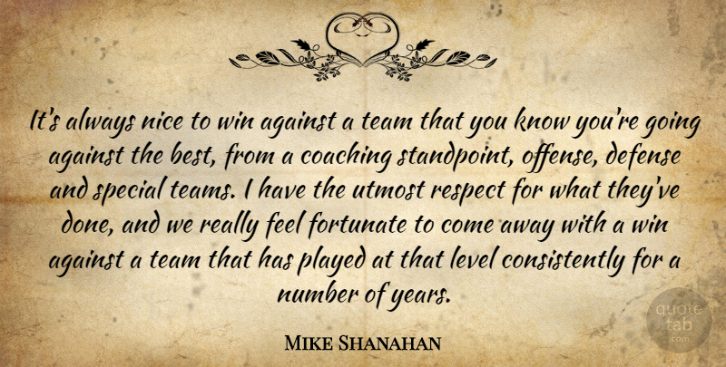 Mike Shanahan Quote About Against, Coaching, Defense, Fortunate, Level: Its Always Nice To Win...