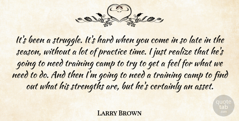 Larry Brown Quote About Camp, Certainly, Hard, Late, Practice: Its Been A Struggle Its...