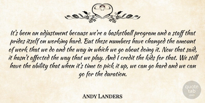 Andy Landers Quote About Ability, Adjustment, Affected, Amount, Basketball: Its Been An Adjustment Because...