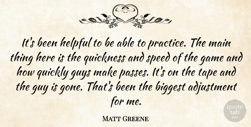 Matt Greene Quote About Adjustment, Biggest, Game, Guys, Helpful: Its Been Helpful To Be...