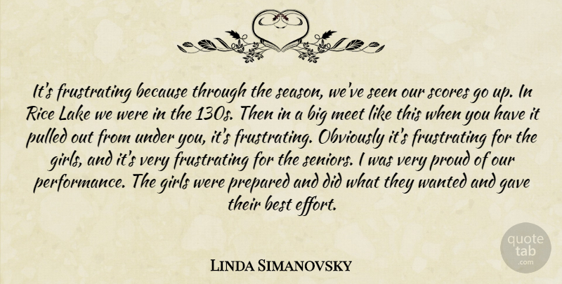 Linda Simanovsky Quote About Best, Gave, Girls, Lake, Meet: Its Frustrating Because Through The...