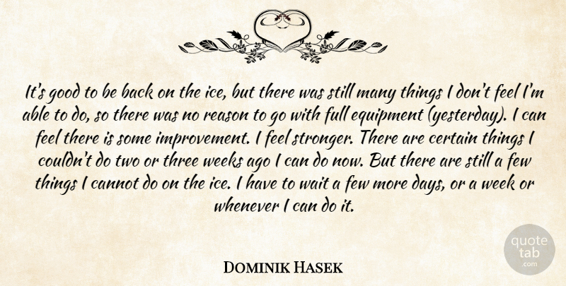 Dominik Hasek Quote About Cannot, Certain, Equipment, Few, Full: Its Good To Be Back...