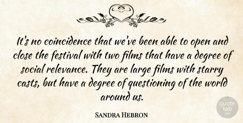 Sandra Hebron Quote About Close, Degree, Festival, Films, Large: Its No Coincidence That Weve...