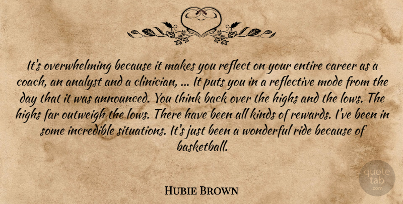 Hubie Brown Quote About Analyst, Career, Entire, Far, Highs: Its Overwhelming Because It Makes...