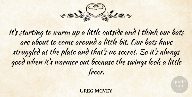 Greg McVey Quote About Bats, Good, Outside, Plate, Starting: Its Starting To Warm Up...