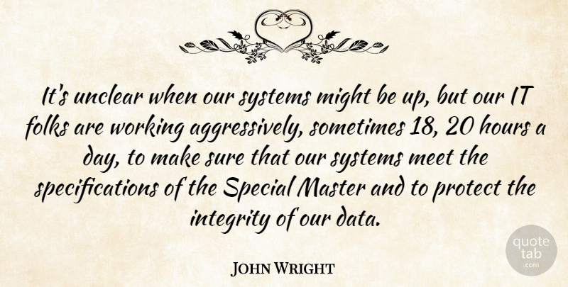 John Wright Quote About Folks, Hours, Integrity, Master, Meet: Its Unclear When Our Systems...