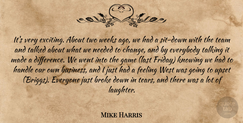 Mike Harris Quote About Broke, Everybody, Feeling, Game, Handle: Its Very Exciting About Two...