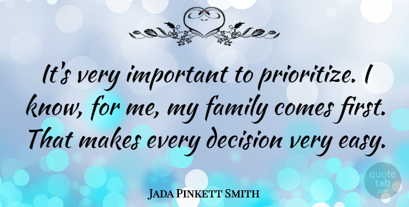 Jada Pinkett Smith Quote About Decision, Important, Firsts: Its Very Important To Prioritize...