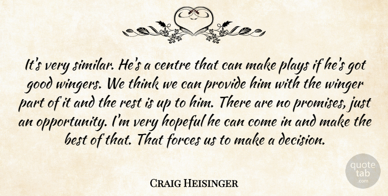 Craig Heisinger Quote About Best, Centre, Forces, Good, Hopeful: Its Very Similar Hes A...