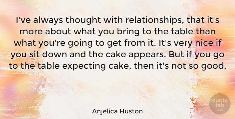 Anjelica Huston Quote About Bring, Cake, Expecting, Nice, Sit: Ive Always Thought With Relationships...