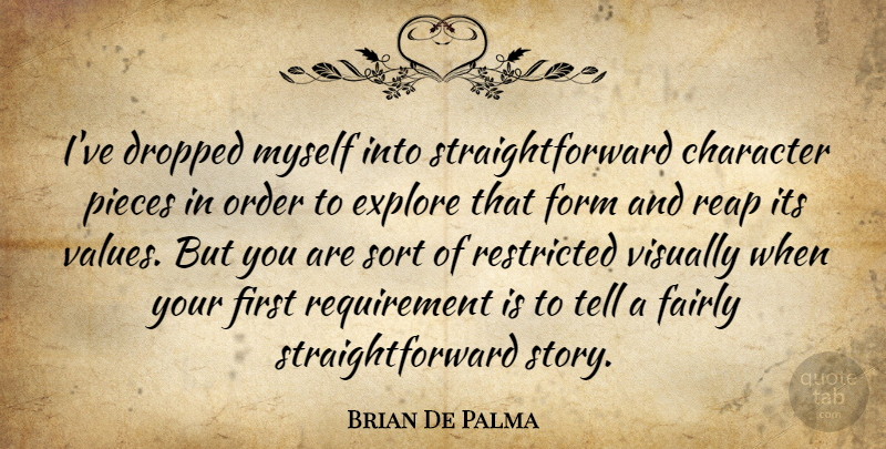 Brian De Palma Quote About Dropped, Explore, Fairly, Form, Order: Ive Dropped Myself Into Straightforward...