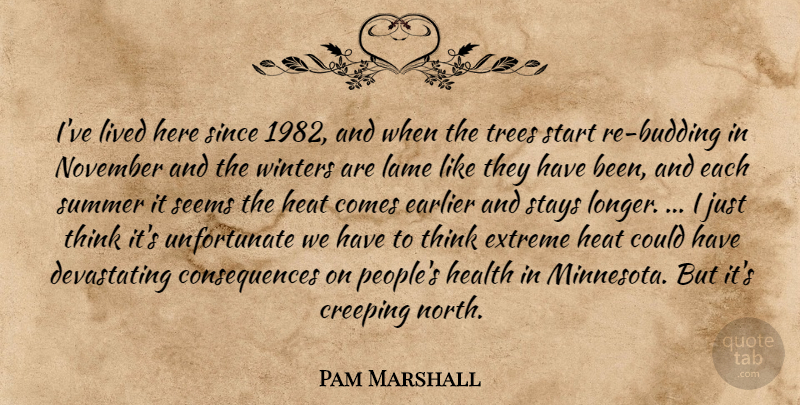 Pam Marshall Quote About Consequences, Creeping, Earlier, Extreme, Health: Ive Lived Here Since 1982...