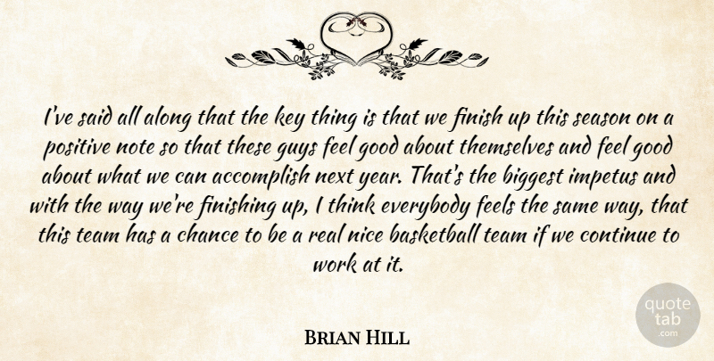 Brian Hill Quote About Accomplish, Along, Basketball, Biggest, Chance: Ive Said All Along That...