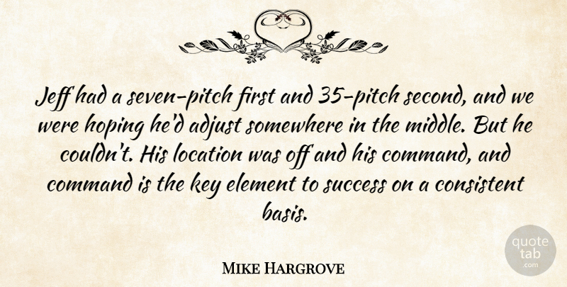 Mike Hargrove Quote About Adjust, Command, Consistent, Element, Hoping: Jeff Had A Seven Pitch...