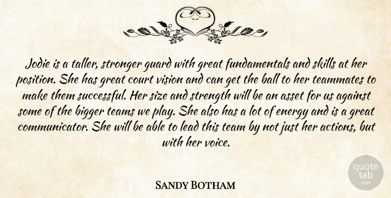 Sandy Botham Quote About Against, Asset, Ball, Bigger, Court: Jodie Is A Taller Stronger...