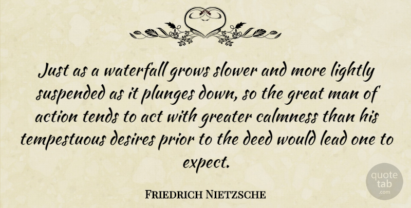 Friedrich Nietzsche Quote About Men, Desire, Deeds: Just As A Waterfall Grows...