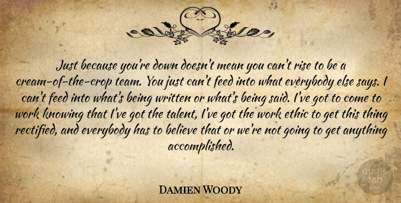 Damien Woody Quote About Believe, Ethic, Everybody, Feed, Knowing: Just Because Youre Down Doesnt...