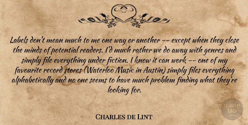 Charles de Lint Quote About Mean, Mind, Austin: Labels Dont Mean Much To...