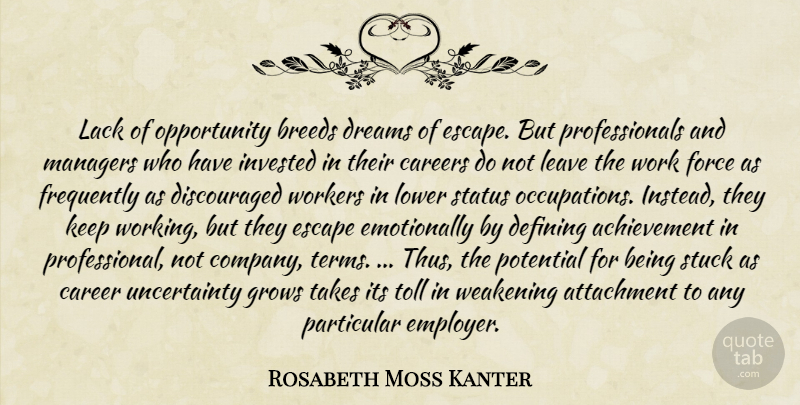 Rosabeth Moss Kanter Quote About Dream, Opportunity, Careers: Lack Of Opportunity Breeds Dreams...
