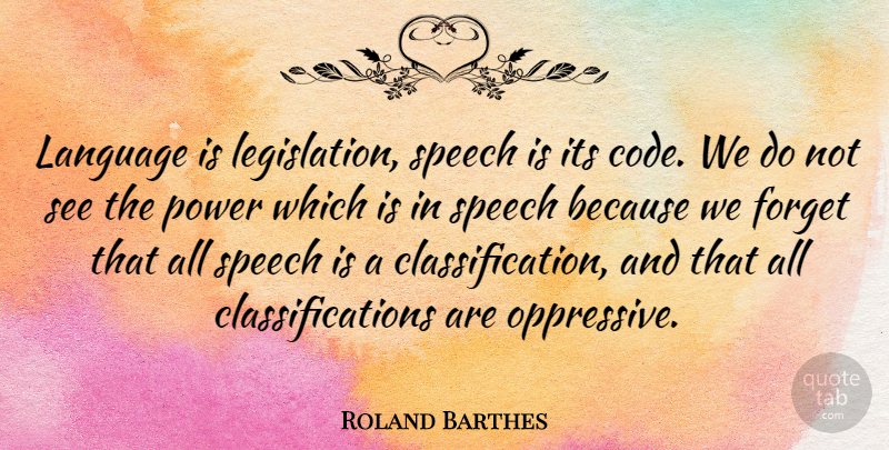 Roland Barthes Quote About Speech, Language, Forget: Language Is Legislation Speech Is...