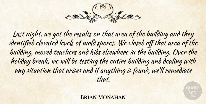 Brian Monahan Quote About Area, Arises, Building, Closed, Dealing: Last Night We Got The...
