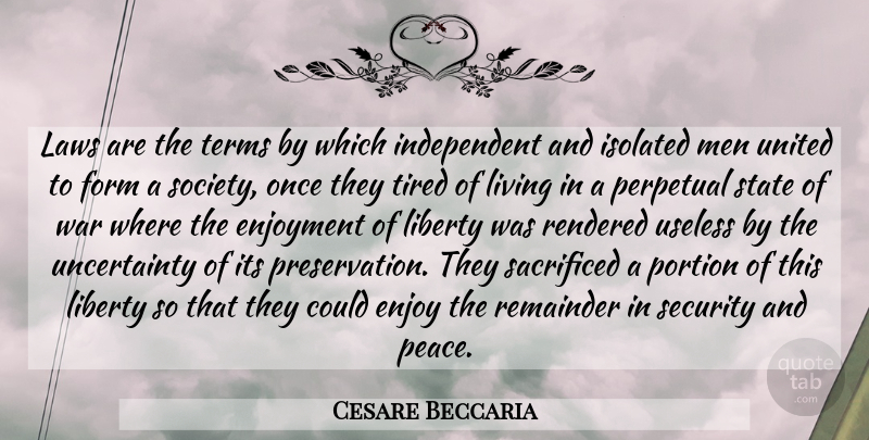 Cesare Beccaria Quote About Enjoyment, Form, Isolated, Laws, Liberty: Laws Are The Terms By...