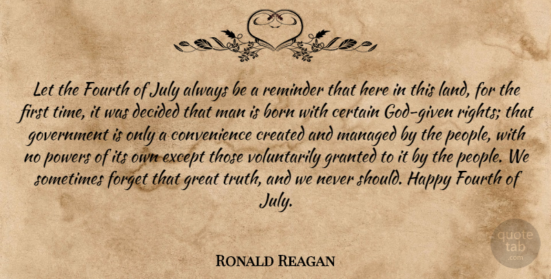 Ronald Reagan Quote About Men, Rights, July: Let The Fourth Of July...