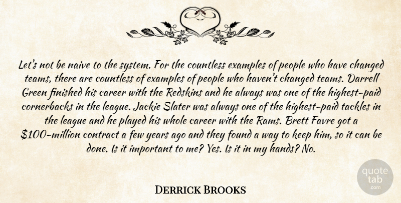 Derrick Brooks Quote About Career, Changed, Contract, Countless, Examples: Lets Not Be Naive To...