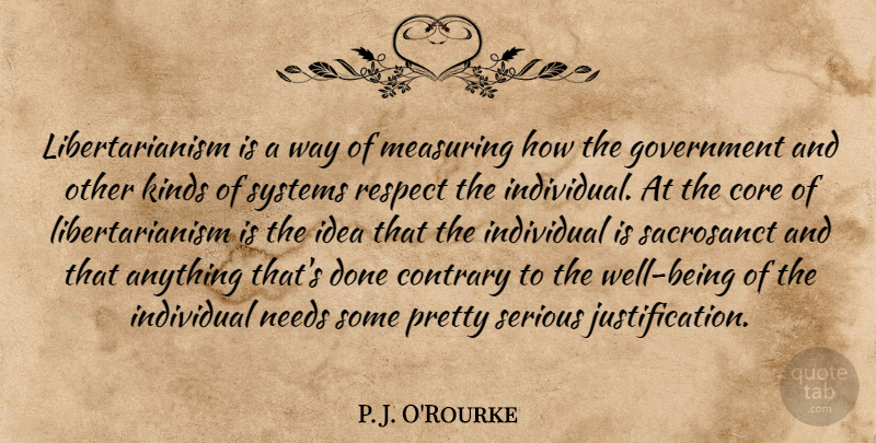 P. J. O'Rourke Quote About Contrary, Core, Government, Individual, Kinds: Libertarianism Is A Way Of...
