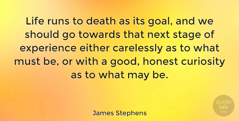 James Stephens Quote About Carelessly, Curiosity, Death, Either, Experience: Life Runs To Death As...