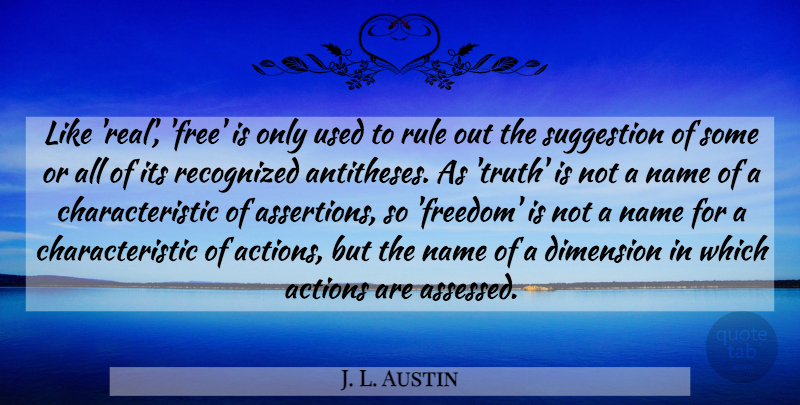 J. L. Austin Quote About Real, Names, Dimensions: Like Real Free Is Only...