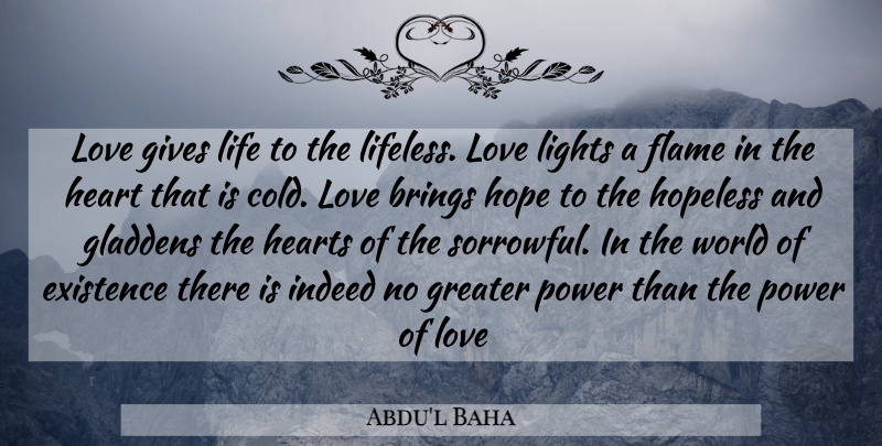 Abdu'l Baha Quote About Heart, Flames, Light: Love Gives Life To The...