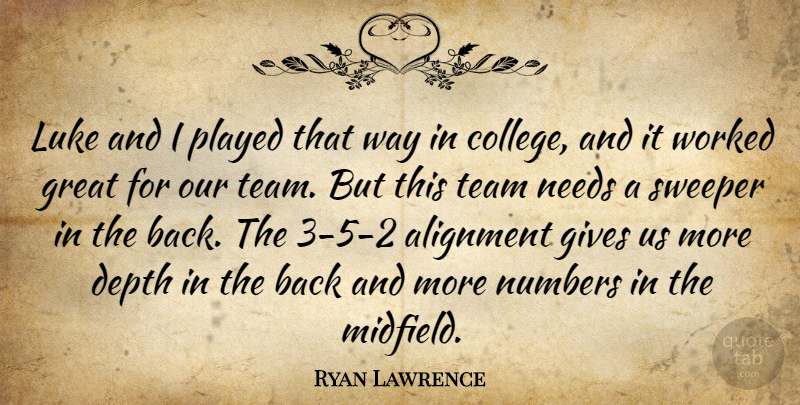 Ryan Lawrence Quote About Alignment, College, Depth, Gives, Great: Luke And I Played That...