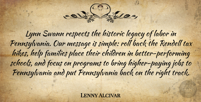 Lenny Alcivar Quote About Bring, Children, Families, Focus, Help: Lynn Swann Respects The Historic...