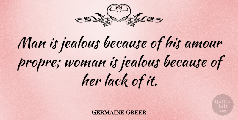 Germaine Greer Quote About Jealousy, Men, Amour: Man Is Jealous Because Of...