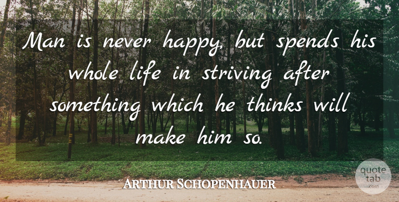 Arthur Schopenhauer Quote About Men, Thinking, Strive: Man Is Never Happy But...