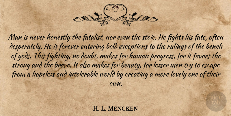 H. L. Mencken Quote About Strong, Fate, Fighting: Man Is Never Honestly The...