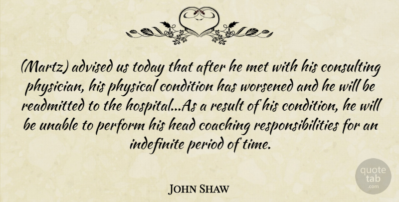 John Shaw Quote About Advised, Coaching, Condition, Consulting, Head: Martz Advised Us Today That...