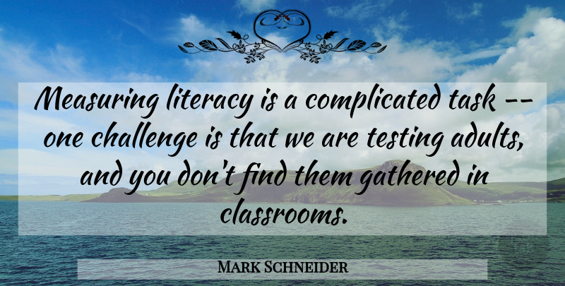 Mark Schneider Quote About Challenge, Gathered, Literacy, Task, Testing: Measuring Literacy Is A Complicated...