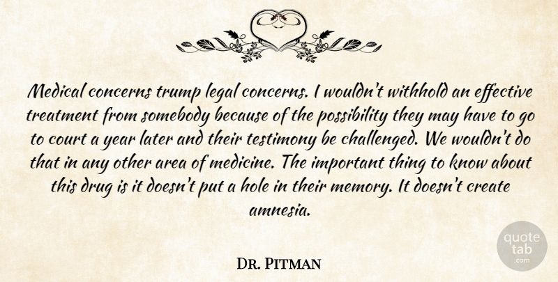 Dr. Pitman Quote About Area, Concerns, Court, Create, Effective: Medical Concerns Trump Legal Concerns...
