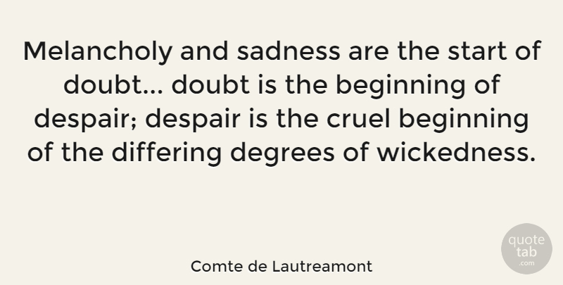 Comte de Lautreamont Quote About Cruel, Degrees, Despair, Doubt, Melancholy: Melancholy And Sadness Are The...