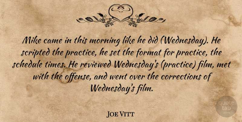Joe Vitt Quote About Came, Format, Met, Mike, Morning: Mike Came In This Morning...