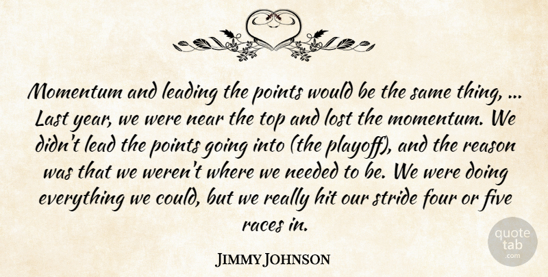 Jimmy Johnson Quote About Five, Four, Hit, Last, Leading: Momentum And Leading The Points...