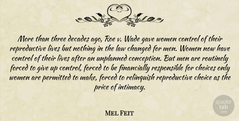 Mel Feit Quote About Changed, Choices, Control, Decades, Forced: More Than Three Decades Ago...