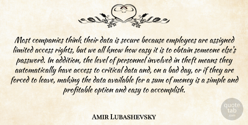 Amir Lubashevsky Quote About Access, Assigned, Available, Bad, Companies: Most Companies Think Their Data...
