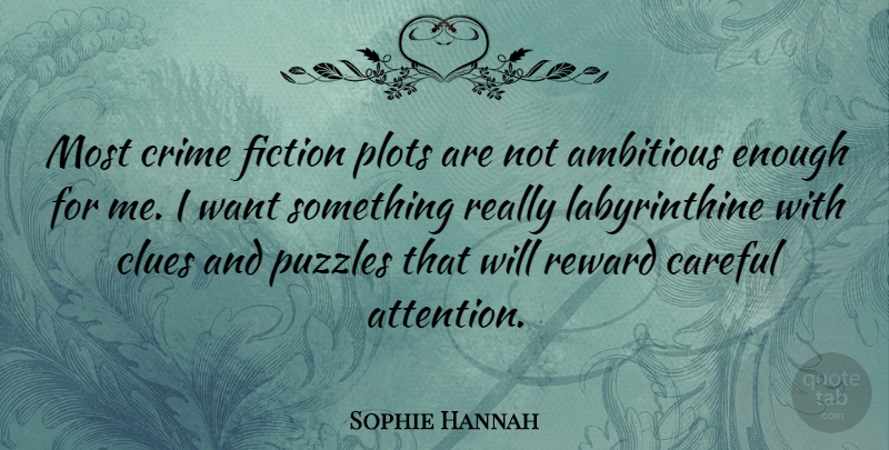 Sophie Hannah Quote About Want Something, Ambitious, Plot: Most Crime Fiction Plots Are...