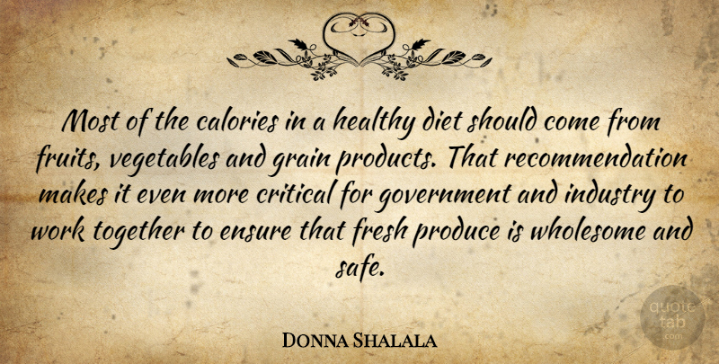 Donna Shalala Quote About Calories, Critical, Diet, Ensure, Fresh: Most Of The Calories In...