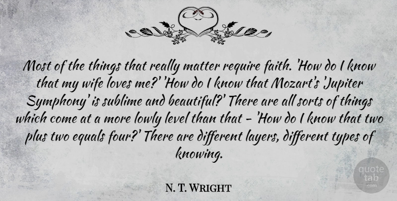 N. T. Wright Quote About Equals, Faith, Level, Loves, Lowly: Most Of The Things That...