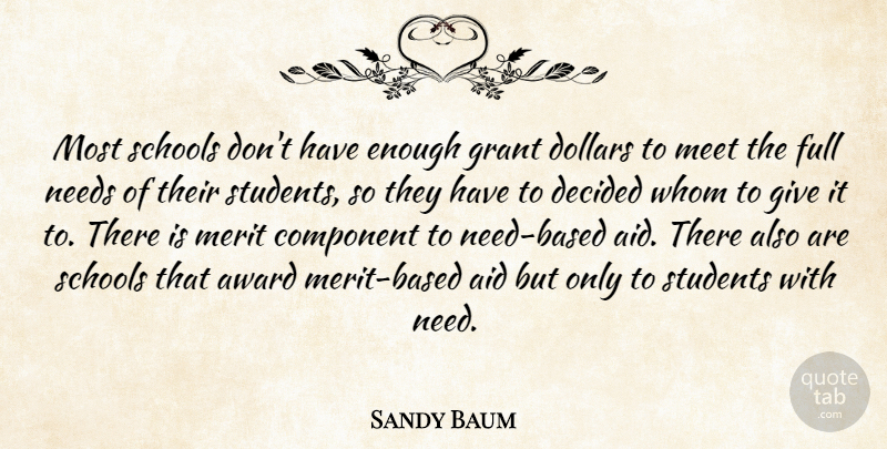 Sandy Baum Quote About Aid, Award, Component, Decided, Dollars: Most Schools Dont Have Enough...