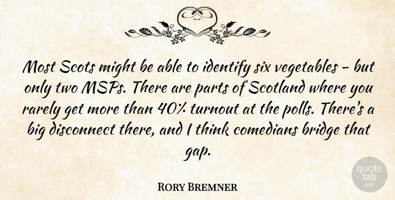 Rory Bremner Quote About Comedians, Disconnect, Identify, Might, Parts: Most Scots Might Be Able...